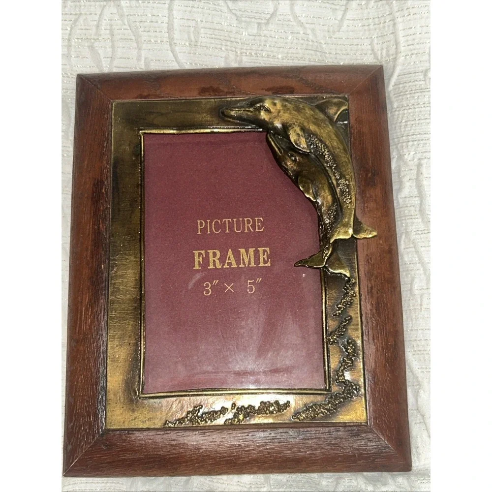 Vintage Dolphin‎ Picture Frame 3x5 Wood Brass Tone Coastal Nautical Korea